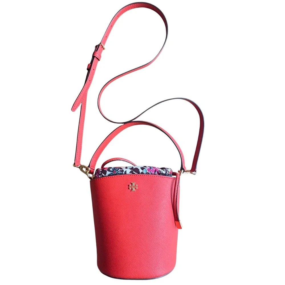 $328 TORY‎ BURCH Emerson Mini Bucket Bag Coral Leather Floral Insert Crossbody